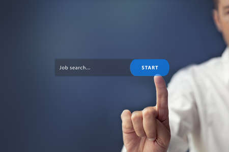 Man searching job on the internet. Looking for job online and search button on virtual touch screen.