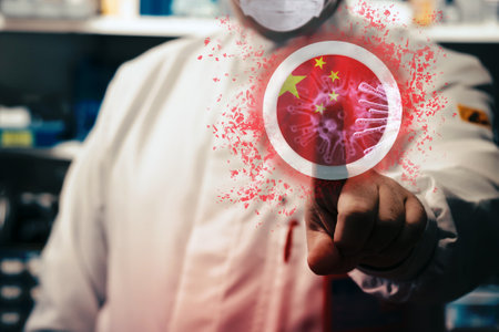 Coronavirus disease . Healthcare worker pressing warning sign for Coronavirus on digital display.の写真素材