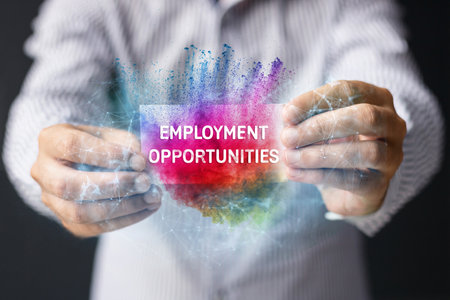 Close-up of businessman holding business card with employment opportunities script. Employment and job search concept.の写真素材