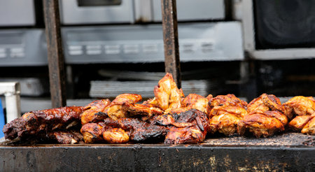 Barbecue Ribs and Chicken on the Grill at a Summer Festivalの写真素材