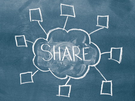 Word share and a cloud computing illustration on a chalkboardの写真素材