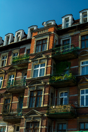 magnificent ancient architecture in the style of the Renaissance. Colorful and so different buildings of the ancient city of Poznan.のeditorial素材