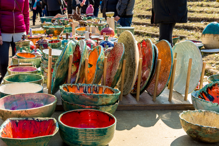 Beautiful clay products of various shapes and purposes. Fair Poland Opole.の写真素材