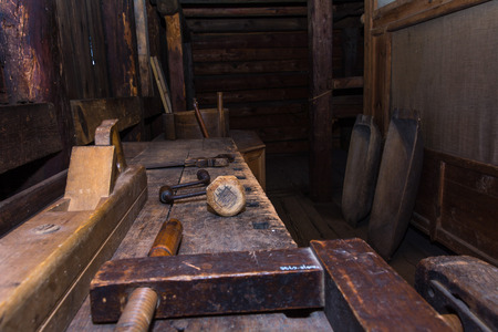 The interior of the old workshop, wooden tools are not factory-made. Manual labor