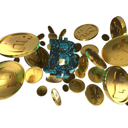 Bitcoin neon glowing on a background of coins. Cryptocurrency in space. Bitcoin revolutionary...
