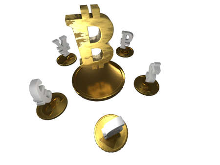 Bitcoin is surrounded by standard currencies. The currency of the future is in the spotlight. Cryptocurrency independence is on a pedestal. Decentralized division. 3D rendering. Idol of 2022. The symbの写真素材
