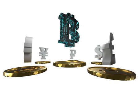 Bitcoin is surrounded by standard currencies. The currency of the future is in the spotlight. Cryptocurrency independence is on a pedestal. Decentralized division. 3D rendering. Idol of 2022. The symbの写真素材