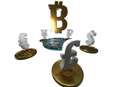 Bitcoin is surrounded by standard currencies. The currency of the future is in the spotlight. Cryptocurrency independence is on a pedestal. Decentralized division. 3D rendering. Idol of 2022. The symbの写真素材