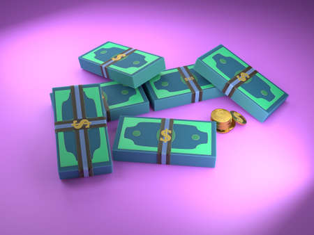 Cartoon bundles of money in a bank package. thousands of dollars on a white background. 3d render illustration. indicator of wealth. monetary units.の写真素材