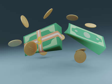 3d cartoon financial instruments floating in space. Bundles of dollars, gold dollar coins, bank packs of dollars. Soft tones.の写真素材