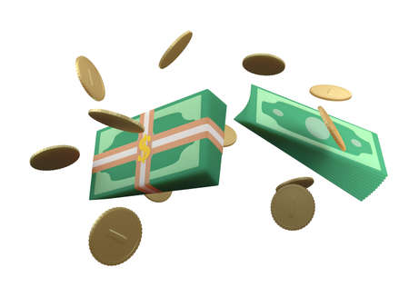 3d cartoon financial instruments floating in space. Bundles of dollars, gold dollar coins, bank packs of dollars. Soft tones.の写真素材