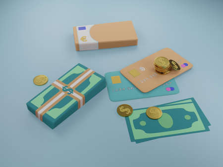 Cartoon financial instruments 3d. Credit cards, gold dollar coins, stacks of euro banknotes, bank packages of dollars. Soft tones.の写真素材