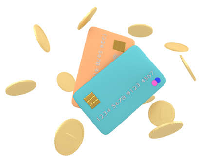 Cartoon credit cards in different colors with coins background. financial instruments surrounded by gold coins floating around them.の写真素材