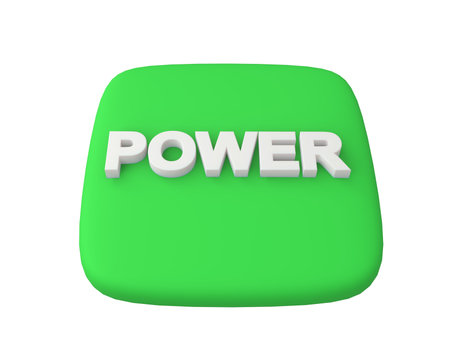 3d visualization of a green button with a white volumetric designation "power". Soft green with subsurface scattering. convex image. White inscription power.の写真素材