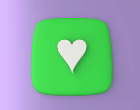 3d rendering of heart icon on green square isolated on purple backgroundの写真素材