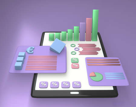 Tablet with volumetric images of applications. Mobile app, software and web development with 3d shapes, bar graph. 3D visualizationの写真素材