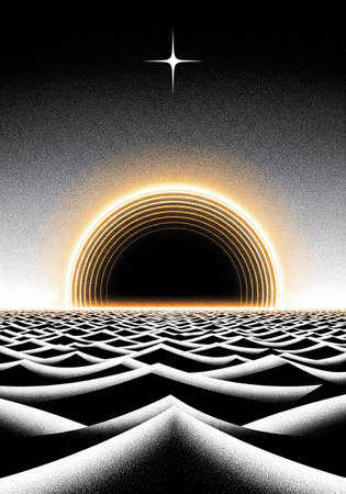 a stark black and white landscape features a radiant golden circle above textured ground, under a starry sky with a single bright star shining above it allの素材