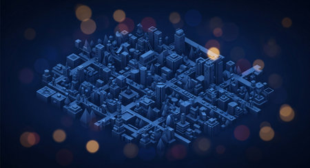 3d rendering of isometric city with skyscrapers and streetsの素材