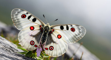 Close-up of a stunning Parnassius apollo butterfly, also known as the Apollo butterfly, showcasing its distinctive white wings with vibrant red and black eye-spots, resting on a small purple flower.の素材