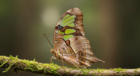 A beautiful Common Map butterfly (Cyrestis thyodamas) with intricate green and brown patterns on its wings, delicately perched on a moss-covered branch in a natural, lush environment.の素材
