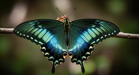 Close-up of a vibrant Papilio blumei butterfly, also known as the Green-banded Swallowtail, showcasing its iridescent blue and green wings with intricate patterns, perched on a branch.の素材