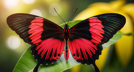 A vibrant Common Rose butterfly (Pachliopta aristolochiae) with striking red and black wings rests on a green leaf, bathed in warm, natural light with a blurred bokeh background.の素材