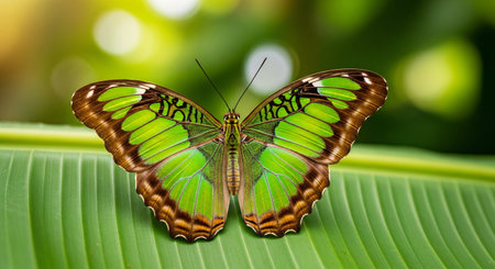 A magnificent Emerald Swallowtail butterfly (Papilio palinurus) with striking green and brown patterned wings rests on a large tropical leaf, captured in a vibrant close-up.の素材