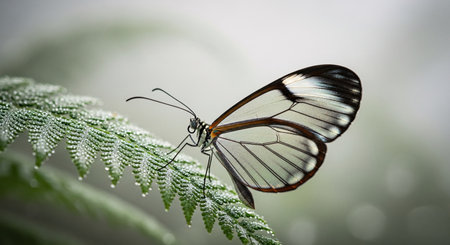 A delicate Glasswing butterfly (Greta oto) with transparent wings rests gracefully on a vibrant green fern leaf covered in sparkling dew drops, highlighting nature's intricate beauty.の素材