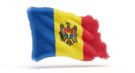 A vibrant 3D render of the Moldovan national flag, featuring a unique fluffy, furry texture. The blue, yellow, and red tricolor with the national coat of arms waves against a clean white background, symbolizing national pride.の素材