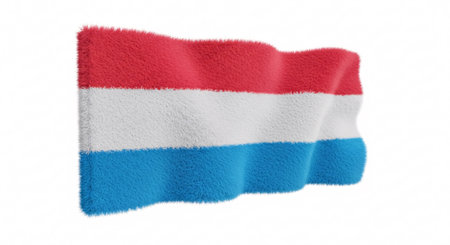 A fluffy, textured flag of Luxembourg, featuring horizontal stripes of red, white, and light blue, gently waving against a clean white background. This 3D render emphasizes the soft, tactile quality of the national symbol.の素材