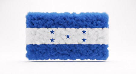 A vibrant 3D rendering of the national flag of Honduras, featuring a unique furry texture. The blue and white stripes with five blue stars stand out against a clean white background, symbolizing national pride.の素材
