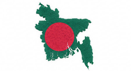 A 3D rendering of the map of Bangladesh, textured with the national flag. The green landmass is covered in a fuzzy, grass-like texture, with the red circle of the flag prominently displayed on a white background.の素材
