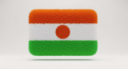 A fluffy, 3D rendered representation of the national flag of Niger, featuring orange, white, and green stripes with an orange circle in the center, set against a clean white background.の素材