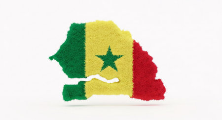 Map of Senegal covered in grass, featuring the national flag colors and a green star.の素材