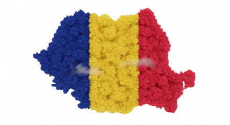 Map of Romania in the colors of its national flag, with a fluffy texture and subtle smoke effects.の素材