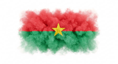 The flag of Burkina Faso rendered in a smoky, abstract style with red and green colors and a yellow star.の素材