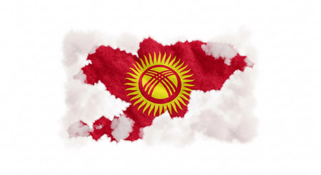 The flag of Kyrgyzstan, featuring a red background and a yellow sun with a stylized representation of a yurt crown, is depicted surrounded by clouds.の素材