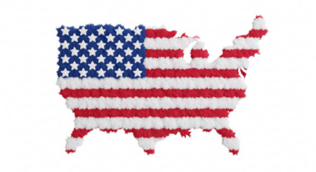 A fluffy, textured map of the United States of America depicted as the American flag, isolated on a white background.の素材