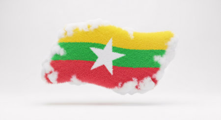 A 3D render of the flag of Myanmar, depicted as a fluffy, cloud-like shape with a white star.の素材