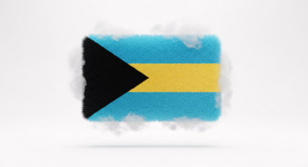 A fluffy, cloud-like 3D rendering of the national flag of The Bahamas, featuring its distinctive black triangle and aquamarine and gold stripes, set against a clean white background.の素材