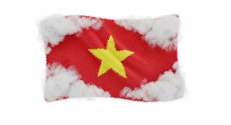 Fluffy, cloud-edged flag of Vietnam, featuring a soft red background and a yellow star, presented on a clean white background. A unique and stylized representation of national pride.の素材
