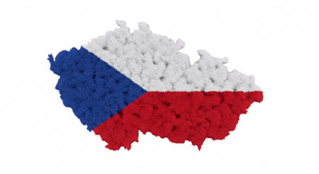 A fuzzy, textured map outline of the Czech Republic filled with the colors of its national flag (white, blue, and red) on a clean white background.の素材
