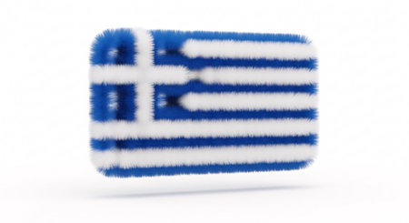 Fluffy 3D rendered national flag of Greece with a soft, furry texture, floating on a clean white background, symbolizing patriotism and national identity.の素材