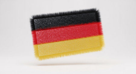 A fluffy, textured 3D rendering of the German flag, featuring black, red, and gold stripes with a soft, brush-like appearance, floating against a clean white background.の素材