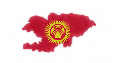 A fuzzy, watercolor-style map of Kyrgyzstan filled with the national flag, featuring the red field and yellow sun emblem, set against a clean white background.の素材