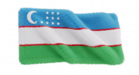 A fluffy, textured 3D rendering of the national flag of Uzbekistan, waving gently against a clean white background, highlighting its vibrant blue, white, and green stripes with red fimbriations, crescent, and stars.の素材