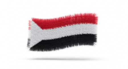 Textured 3D rendering of the Yemen flag, featuring red, white, and black stripes with a white triangle, isolated on a clean white background.の素材