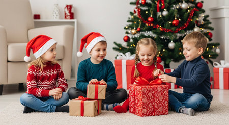 Four happy children in Santa hats opening Christmas gifts by a decorated tree, celebrating the holiday season with joy and excitement.の素材