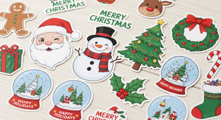 A collection of festive Christmas stickers featuring Santa Claus, a snowman, gingerbread man, Christmas tree, wreath, snow globes, and other holiday elements on a light wooden background.の素材