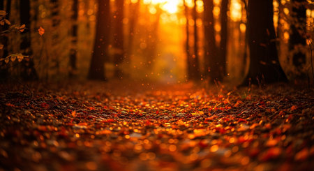 Warm golden light illuminates a forest path covered in vibrant autumn leaves, with sparkling dust particles creating a magical and serene atmosphere during sunset or sunrise.の素材